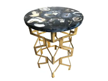 BLACK AGATE BRASS - Round stone coffee table with metal base _ Valmori