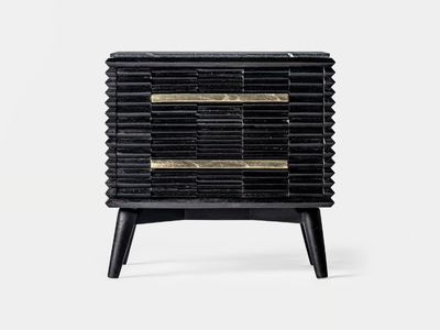 PLISSÉ WOOD - Mango and marble bedside table with drawers _ Vical Home