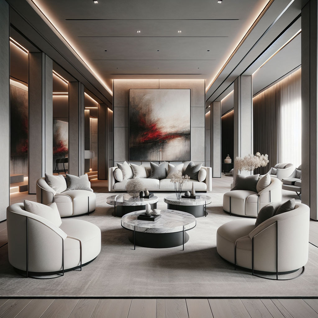 This image showcases a contemporary living area with an open, airy space. The furniture style is mod