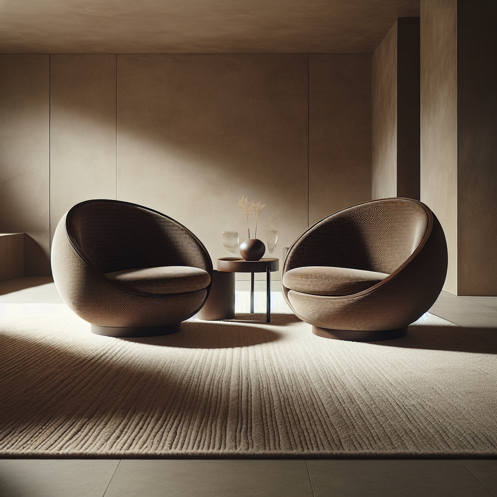 This image features a modern interior space showcasing two unique, circular armchairs. The chairs ha
