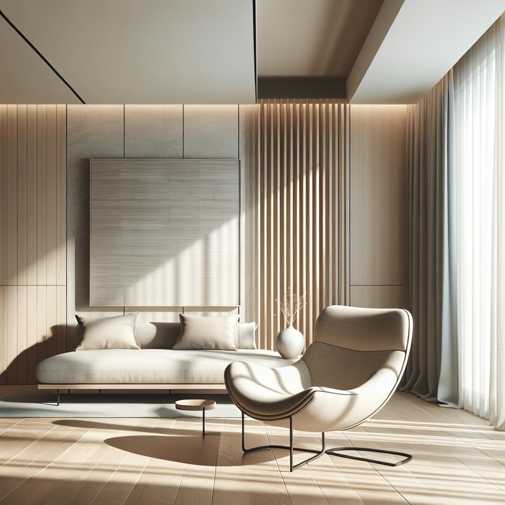 The space is a modern, minimalist interior featuring a cozy lounge chair with a unique, sculptural f