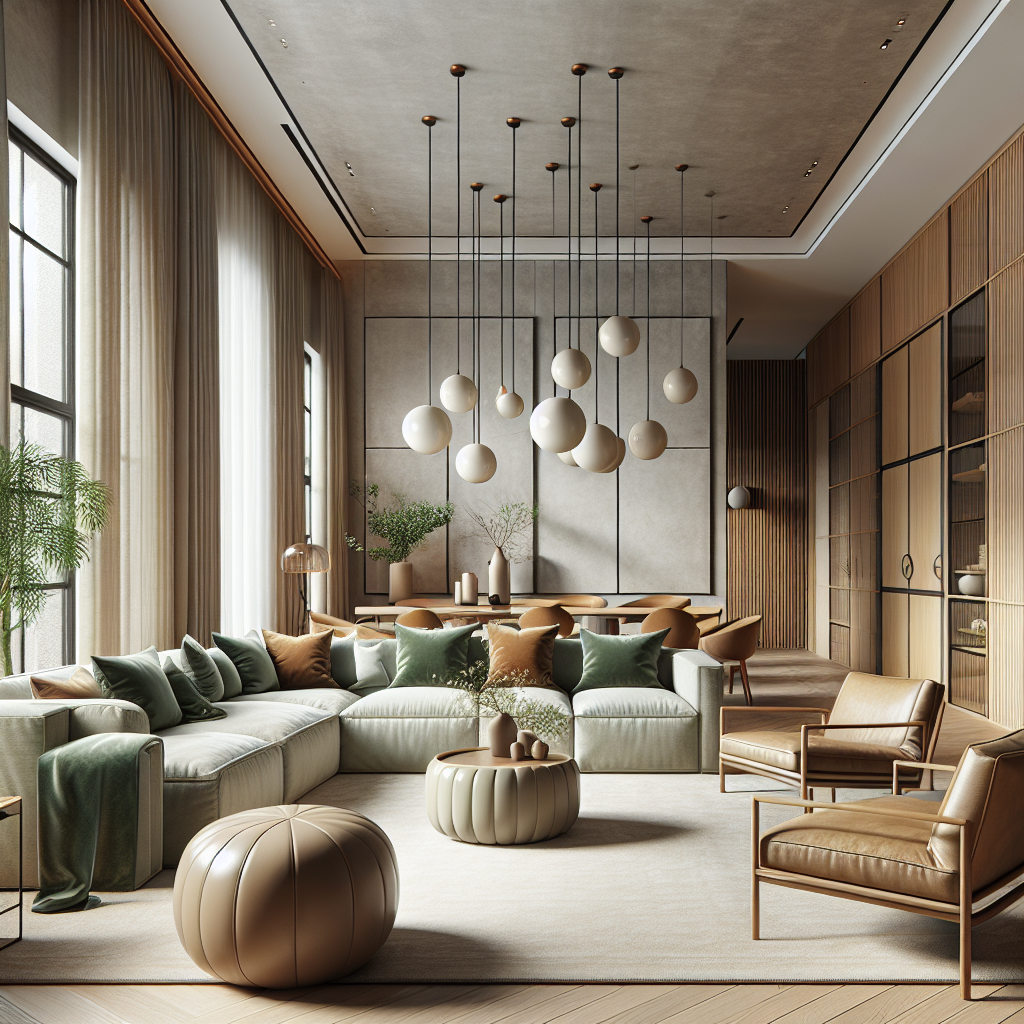 The space is a modern living area with an open-concept design, featuring a minimalist and cohesive a