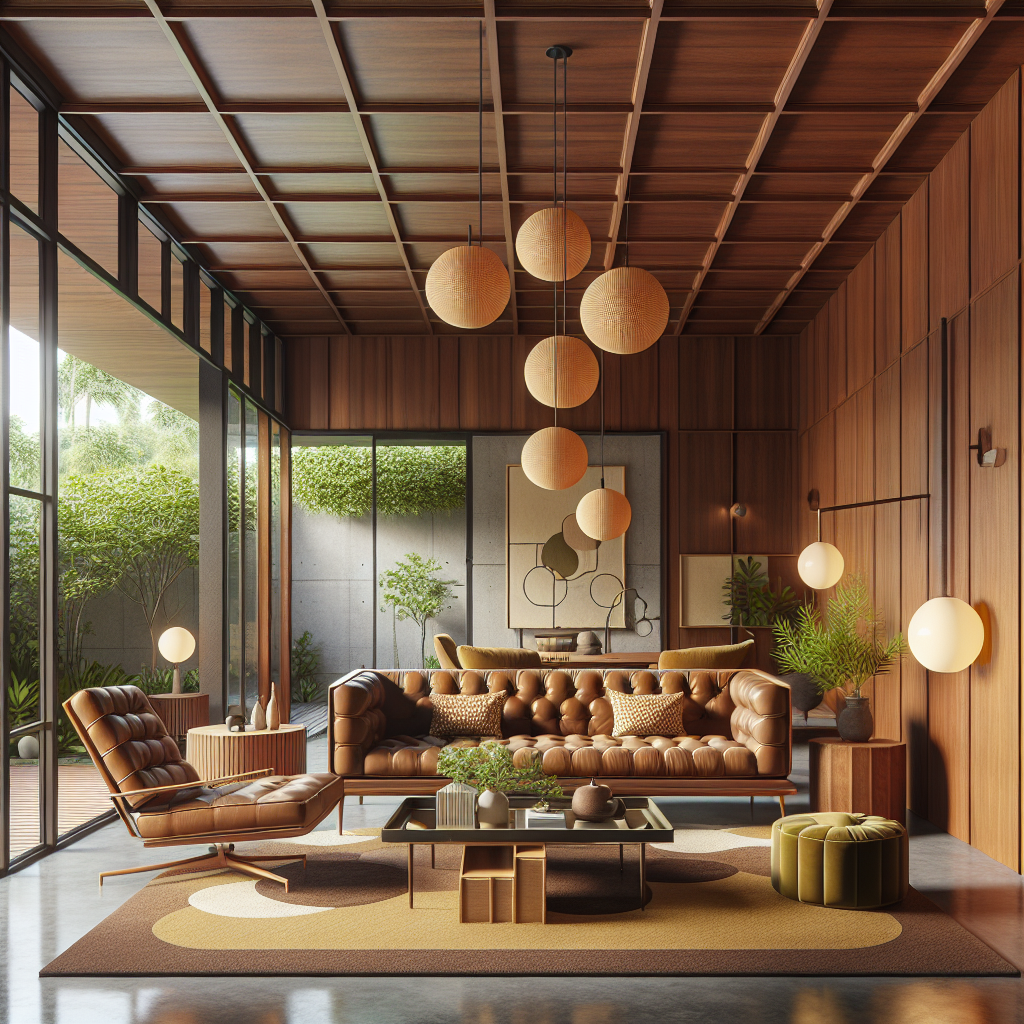 This is a mid-century modern living room featuring a warm, inviting ambiance. The space is dominated