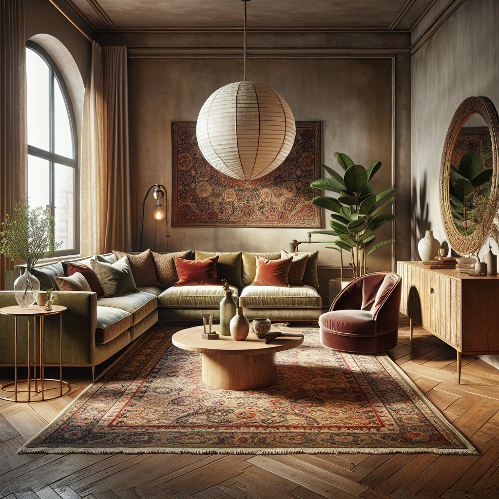 This eclectic living space combines vintage and modern elements. The focal point is a plush, olive-g