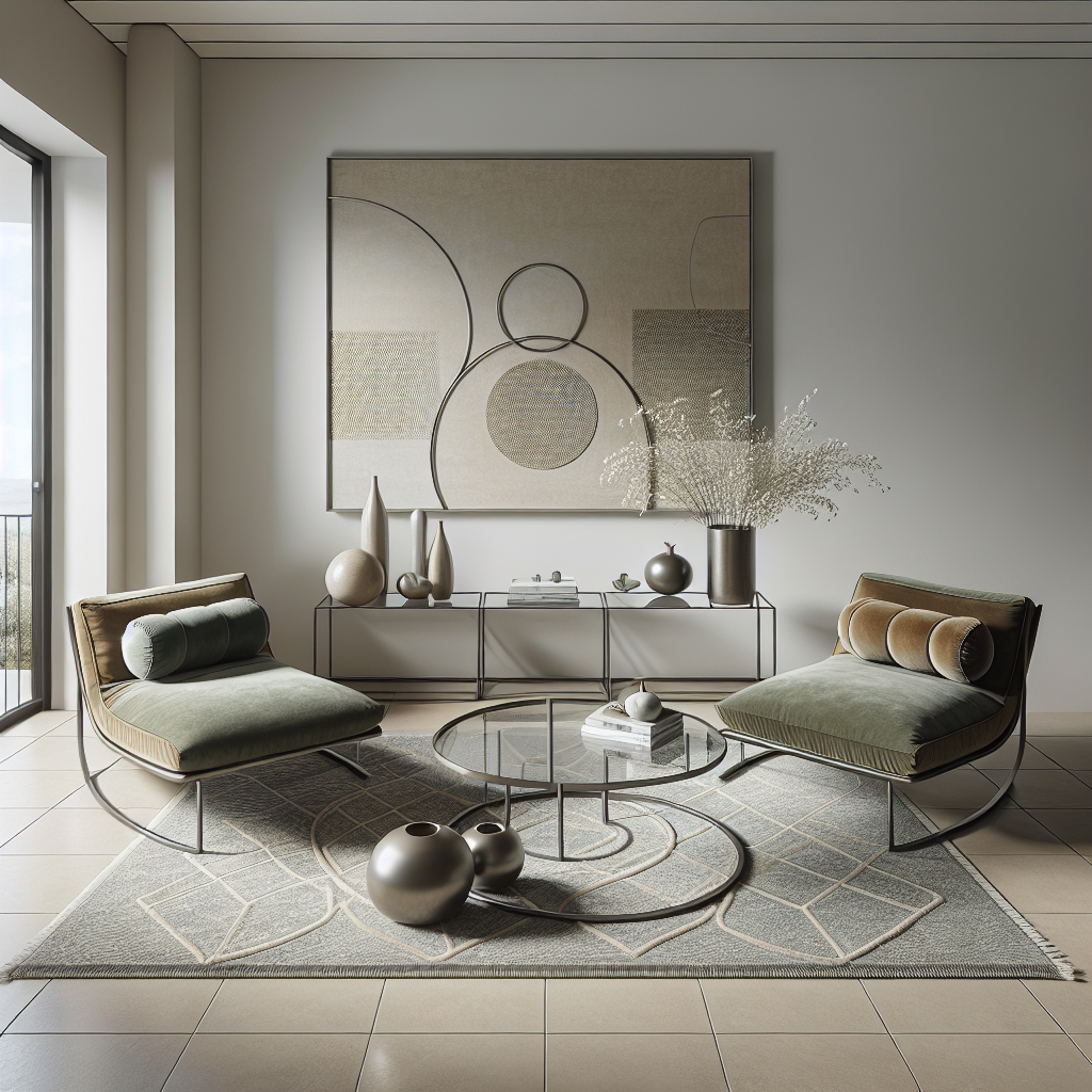 The image showcases a modern, minimalist living room. The space features two olive-green, suede-like