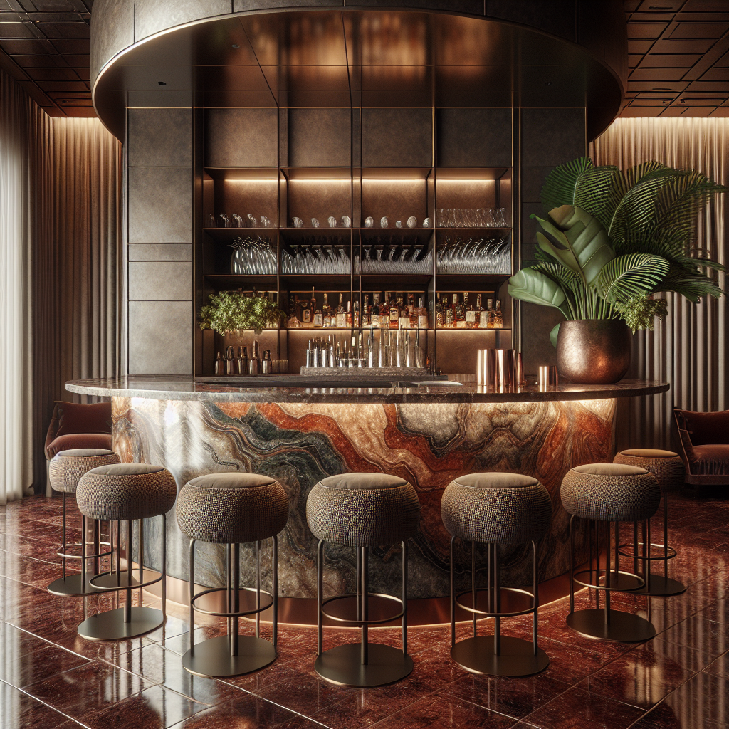 The image captures a sophisticated bar area with a contemporary, luxurious aesthetic. The space feat