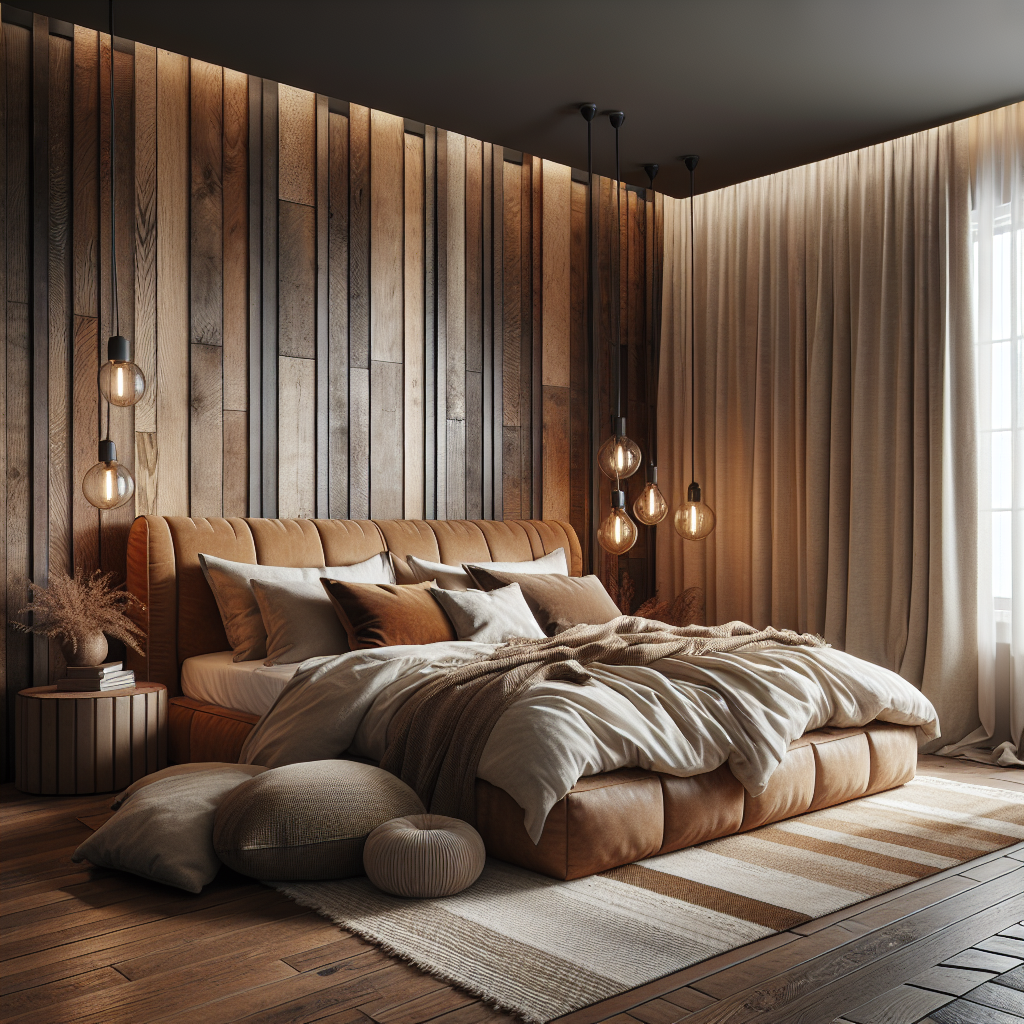 This image depicts a cozy bedroom with a rustic-modern design. The space features a striking wooden 