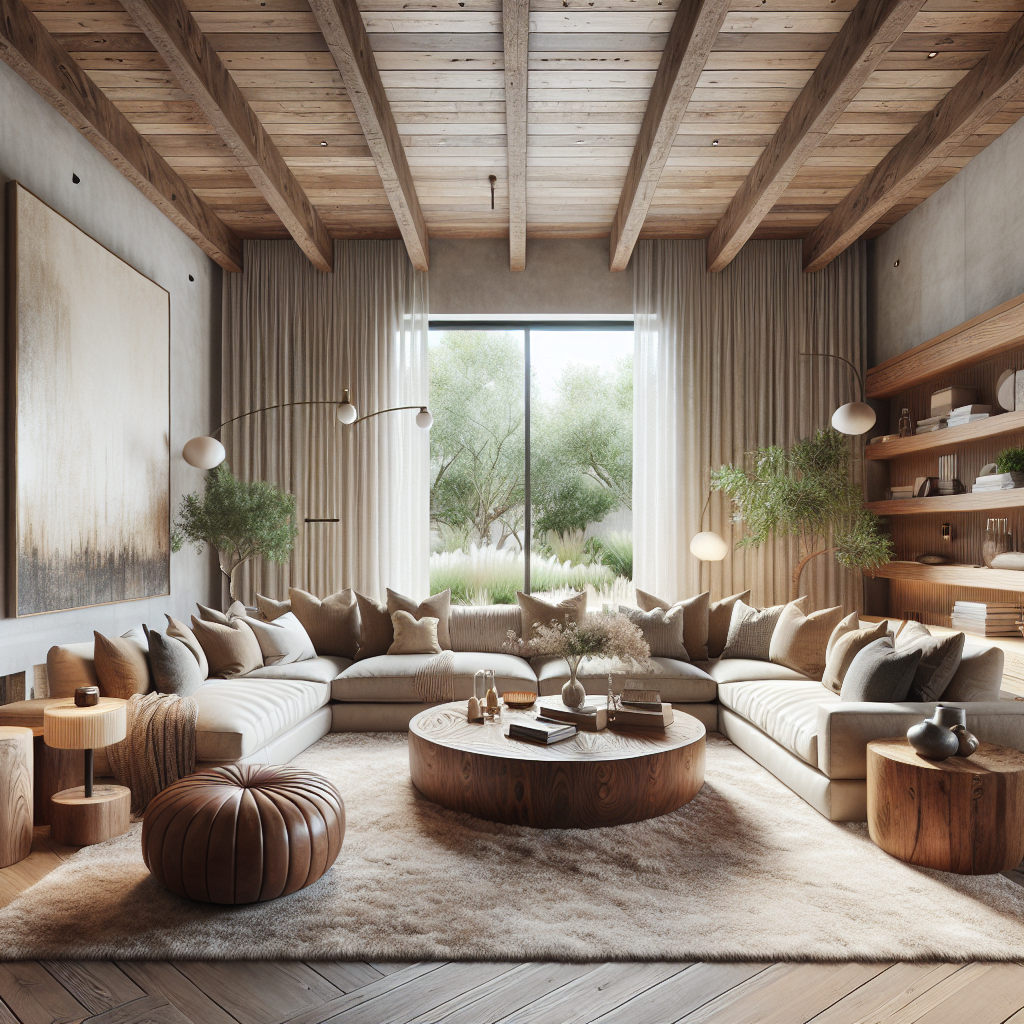 The image displays a modern rustic living room with an open, airy feel. The space features a neutral