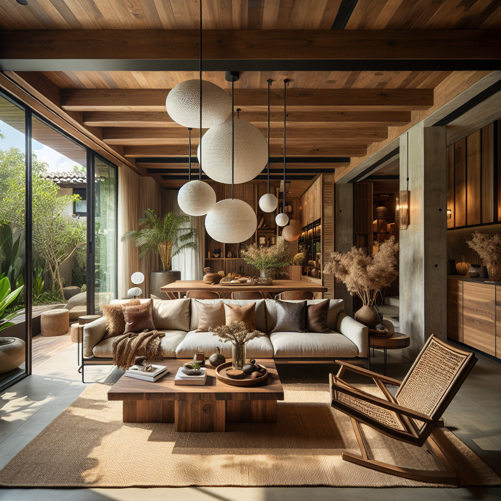 The space is an open-plan living area with a modern rustic aesthetic. It features a combination of n