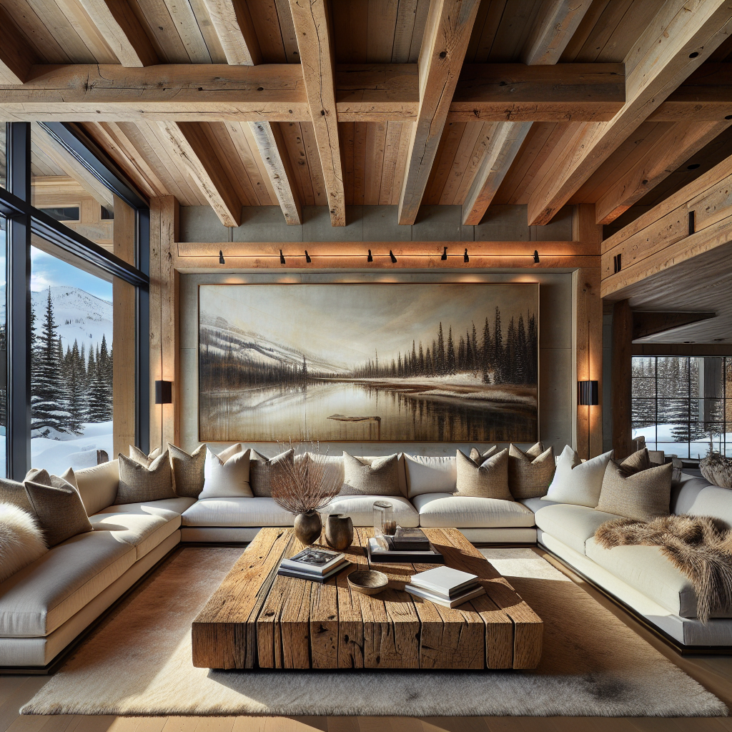 The space is a modern rustic living room characterized by high ceilings and large windows that offer